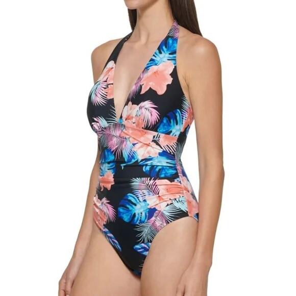 DKNY tummy control floral halter swimsuit womens large tropical vacation travel - Picture 1 of 8